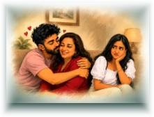 Dev affectionately hugging Rimpy while Raagini reacts nearby